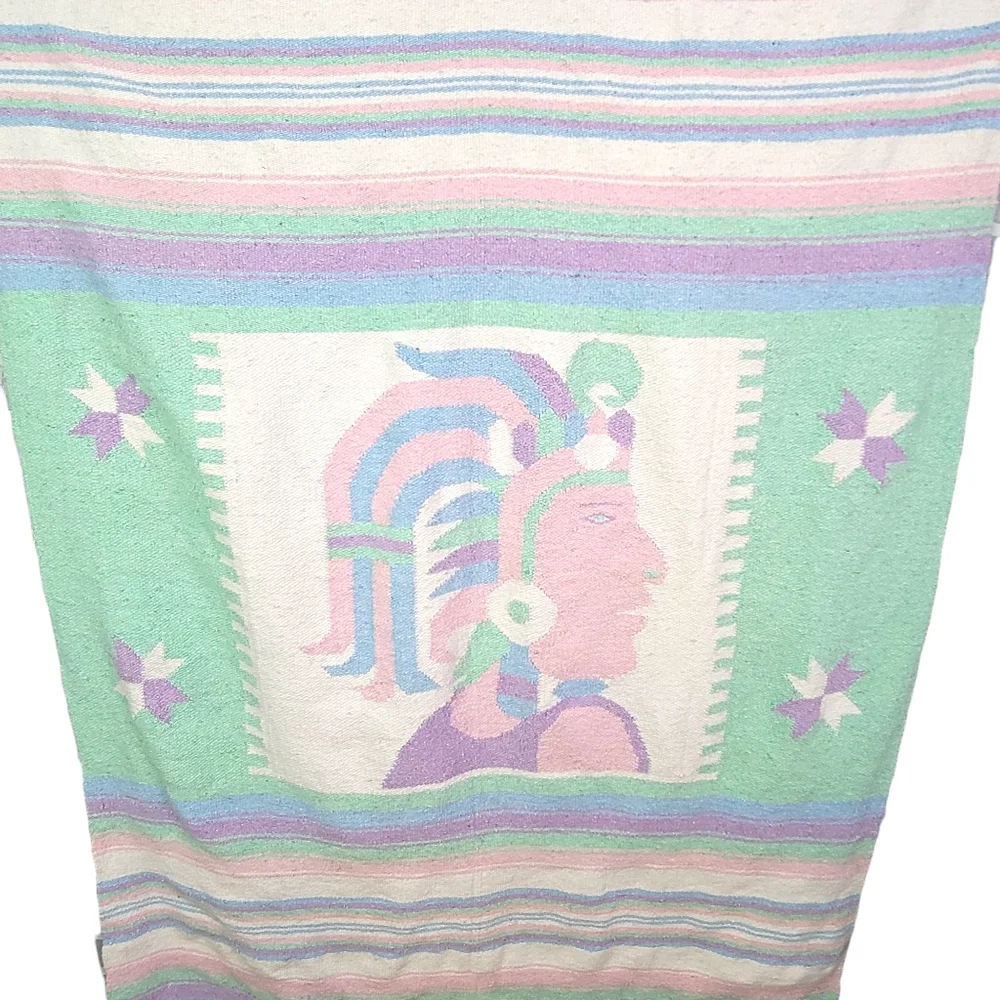 Pastel Striped Aztec Warrior Native American Woven Fringe Saddle Blanket 45x80